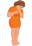 Cartoon young fat woman in orange dress barefoot looking down
