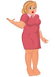 Cartoon young fat woman in pink dress barefoot one hand up