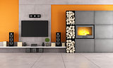 Modern living room with TV and fireplace