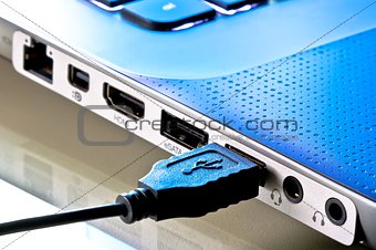 macro shot of usb plug near laptop
