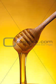 Close-up shot of wooden drizzler with flowing honey 