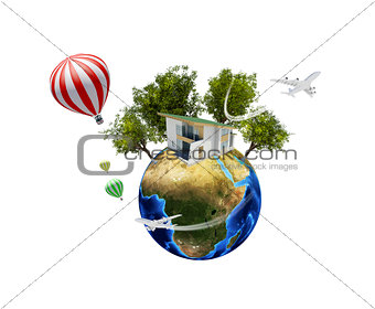 Earth with house. Isolated on white background