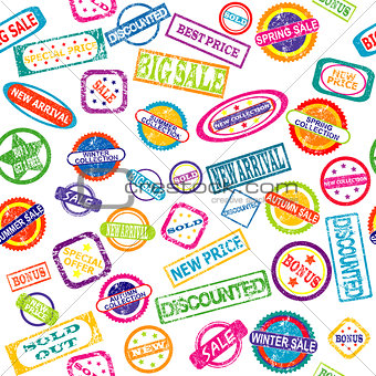 Seamless pattern with stamps with discount and sale messages
