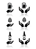 Beer bottle and glass, hops with hands icons set