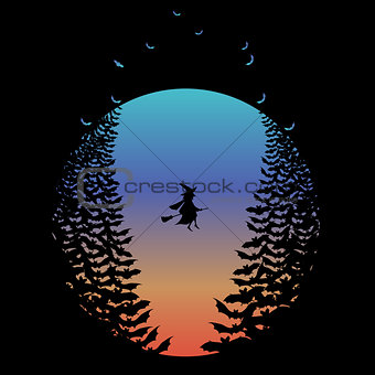 Halloween moon with witch and bats, vector