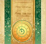 Happy New Year and Merry Christmas vintage background with clock