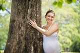 portrait pregnant mother woman hug tree park ecology