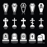 Halloween, graveyard icons set - coffin, cross, grave on black