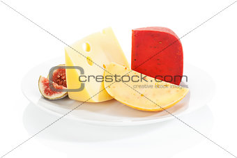 Cheese variaton on plate isolated on white background.