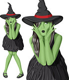 Vector green witch woman with hat on Halloween
