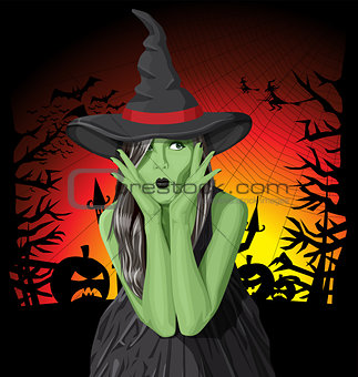 Vector green witch woman with hat on Halloween