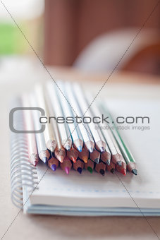 Cluster of colorful pencil crayons with spiral notebook