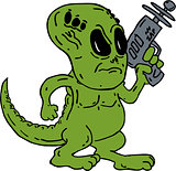 Alien Dinosaur Holding Ray Gun Cartoon