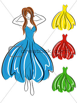 Girl in blue dress and set of gowns