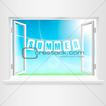 Summer Banner Hanging Out Of Window. Vector Illustration.