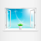 Open White Window With Flowerpot. Vector Illustration.