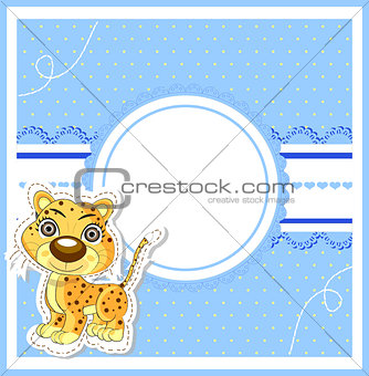 vector illustration of cute young lion on decorative background - birthday invitation