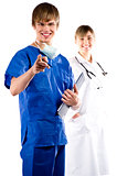 Surgeon and nurse over white background 