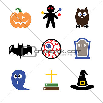 Halloween black icons set - pumpkin, witch, ghost