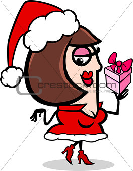 woman santa with present cartoon