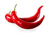 two ripe red hot chili peppers on a white background