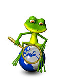 frog on a globe with a magnifying glass