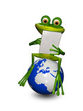 frog on a globe with the tablet