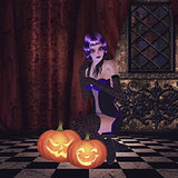 Gothic girl with pumpkins