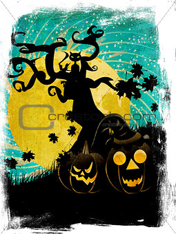 Halloween tree and pumpkins