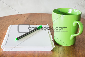 Set of work table with hot coffee