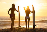 Beautiful Bikini Surfer Women Girls Surfboards Sunset Beach