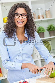 Woman Preparing Apple Fruit Salad Food in Kitchen
