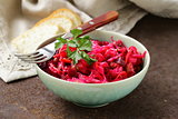 traditional Russian salad of beetroot and pickled cabbage (vinigret)