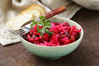 traditional Russian salad of beetroot and pickled cabbage (vinigret)