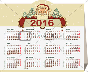 2016 calendar. Santa Claus holding banner