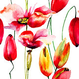 Seamless wallpaper with Poppy and Tulips flowers