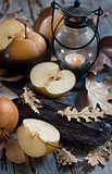Asian pears, lantern and fall leaves