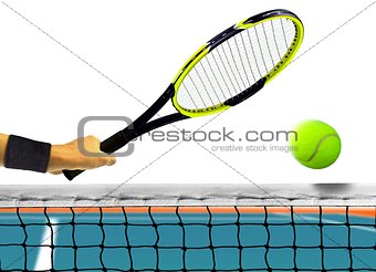 Hitting Tennis Ball in Front of the Net over White