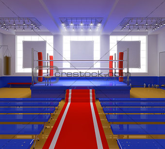 Boxing gym with blue ring and red corners