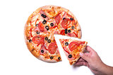 Male hand picking pizza slice 