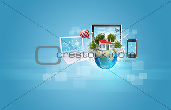 Earth with buildings and laptop, tablet, smartphone