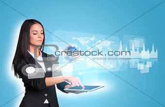 Women using digital tablet and Earth graphs