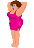 Cartoon young fat woman in pink dress barefoot