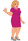 Cartoon young fat woman in pink dress holding capcake