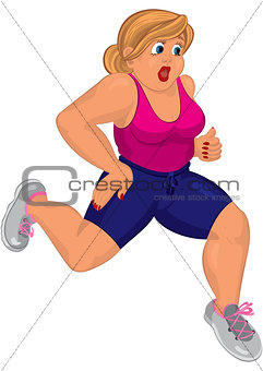 Cartoon young fat woman in pink top and running shoes running