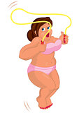 Cartoon young fat woman in pink underwear jumping with jumping r