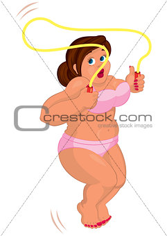 Cartoon young fat woman in pink underwear jumping with jumping r