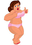 Cartoon young fat woman in pink underwear jumping