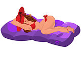 Cartoon young sexy woman in red swimsuit and hat lying