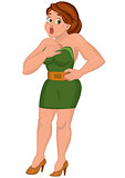 Cartoon young woman in green mini dress surprised